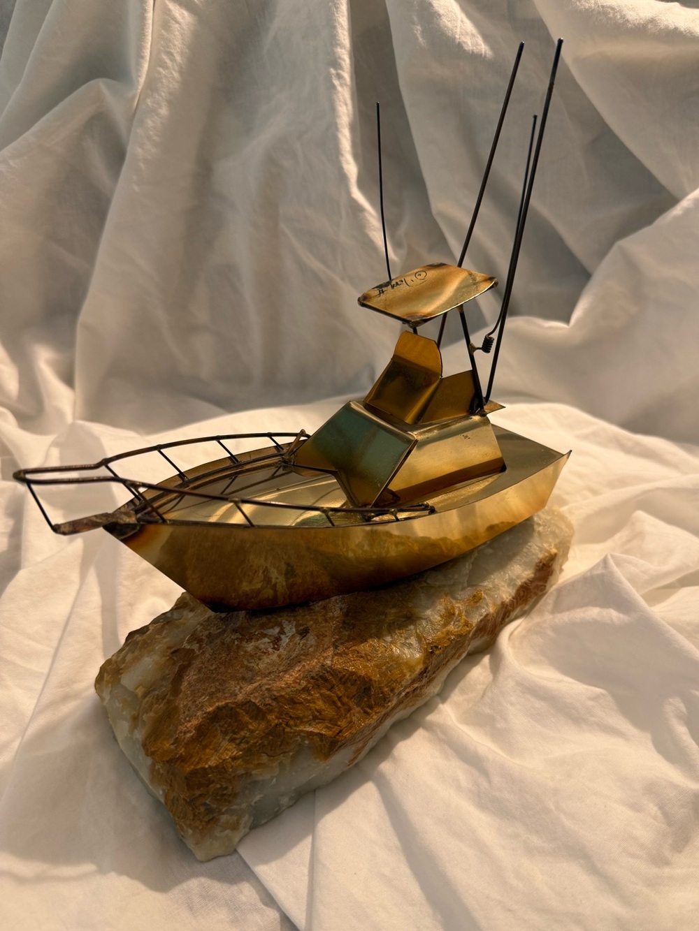 Vintage Signed JOHN DeMOTT Brass Fishing Boat Sculpture on Natural Stone Base